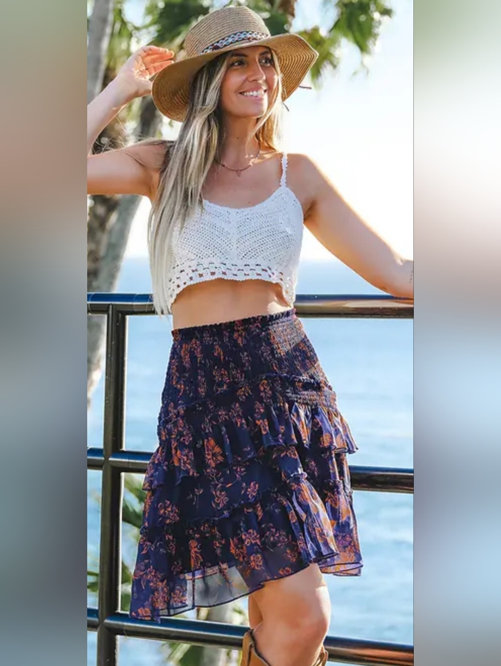Cupshe XL Tiered Floral Navy Blue Women's Skirt NEW